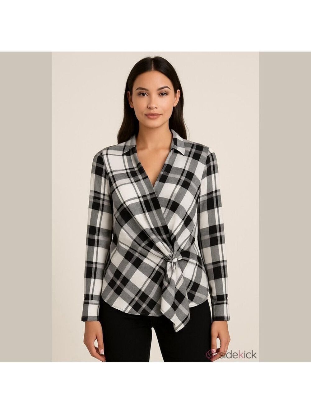 Women's Laundry by Shelli Segal Plaid Blouse L Black White